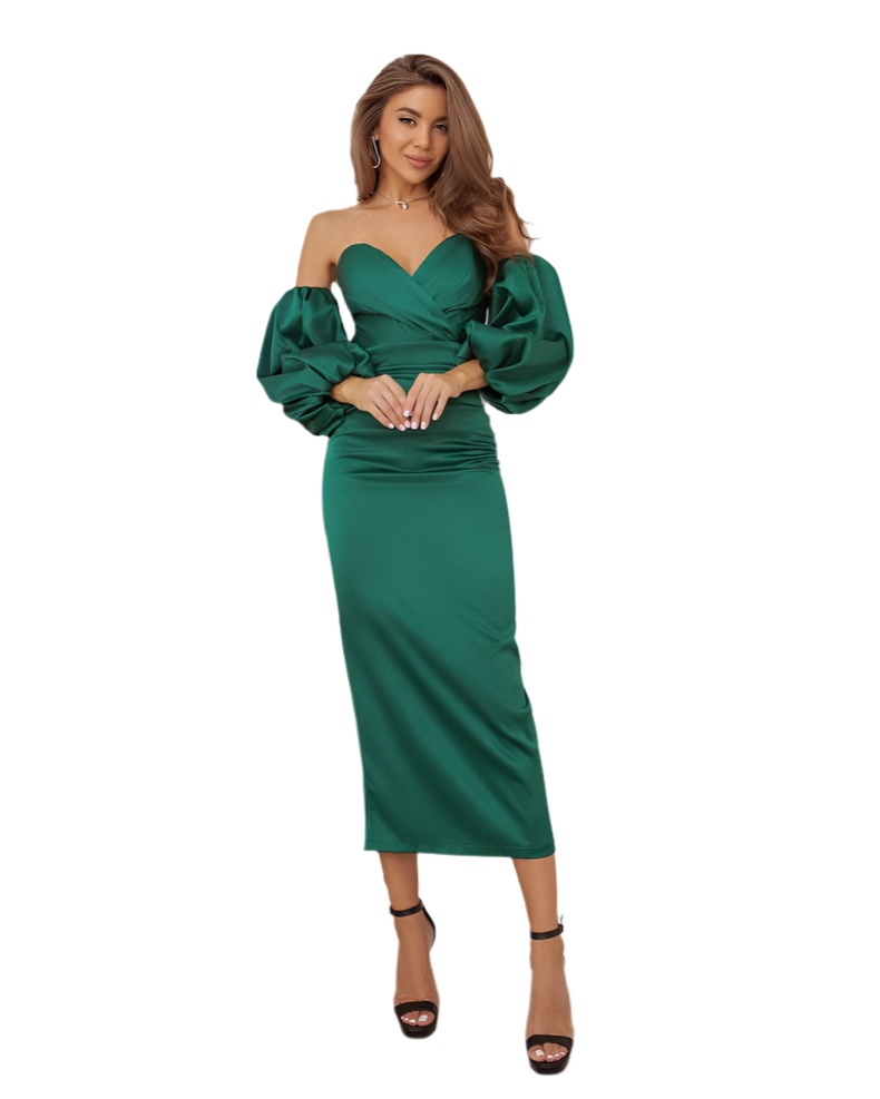 Elegant Off Shoulder Mango Satin Dress for Women in Emerald Green