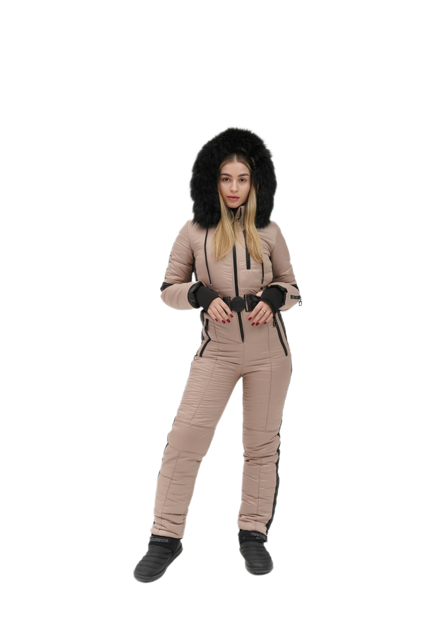 Woman wearing a beige snowsuit with a black hood on a white background