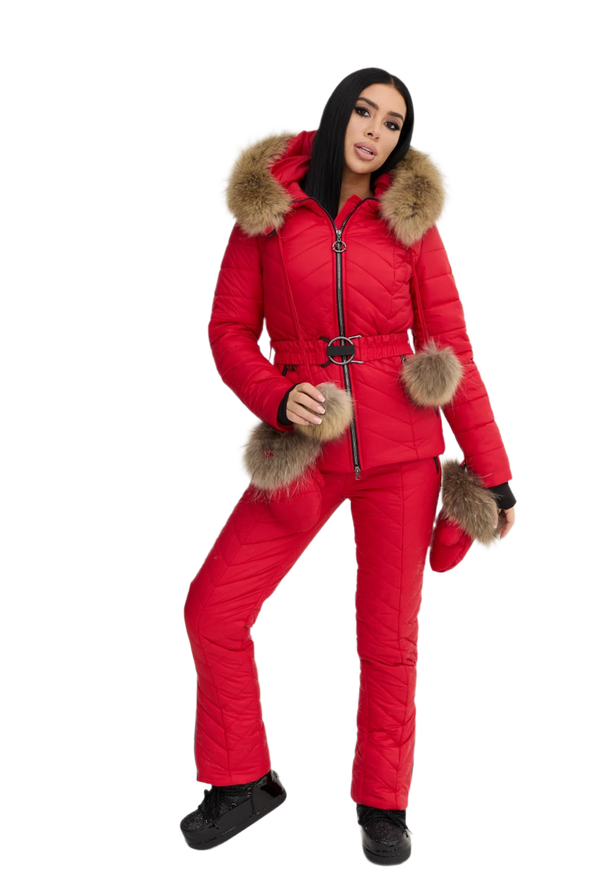 Womens Red Winter Warm Ski Snowboarding Suit Jacket and Pants with Natural Raccoon Fur Hood and Gloves