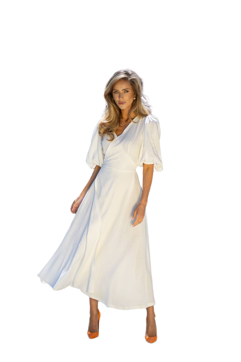 Woman wearing a white dress with blue accents on a white background