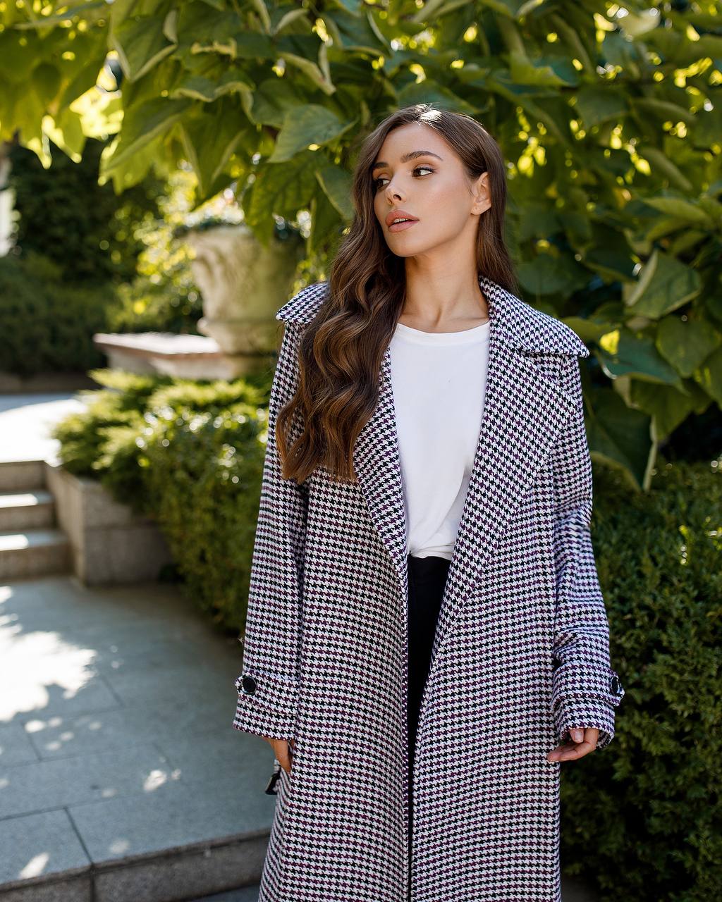Womens Turkish Fabric Houndstooth Pattern Coat Long Trench Style Belted
