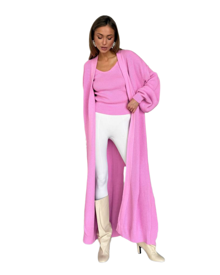 Long Pink Dropped Sleeve Cardigan for Women