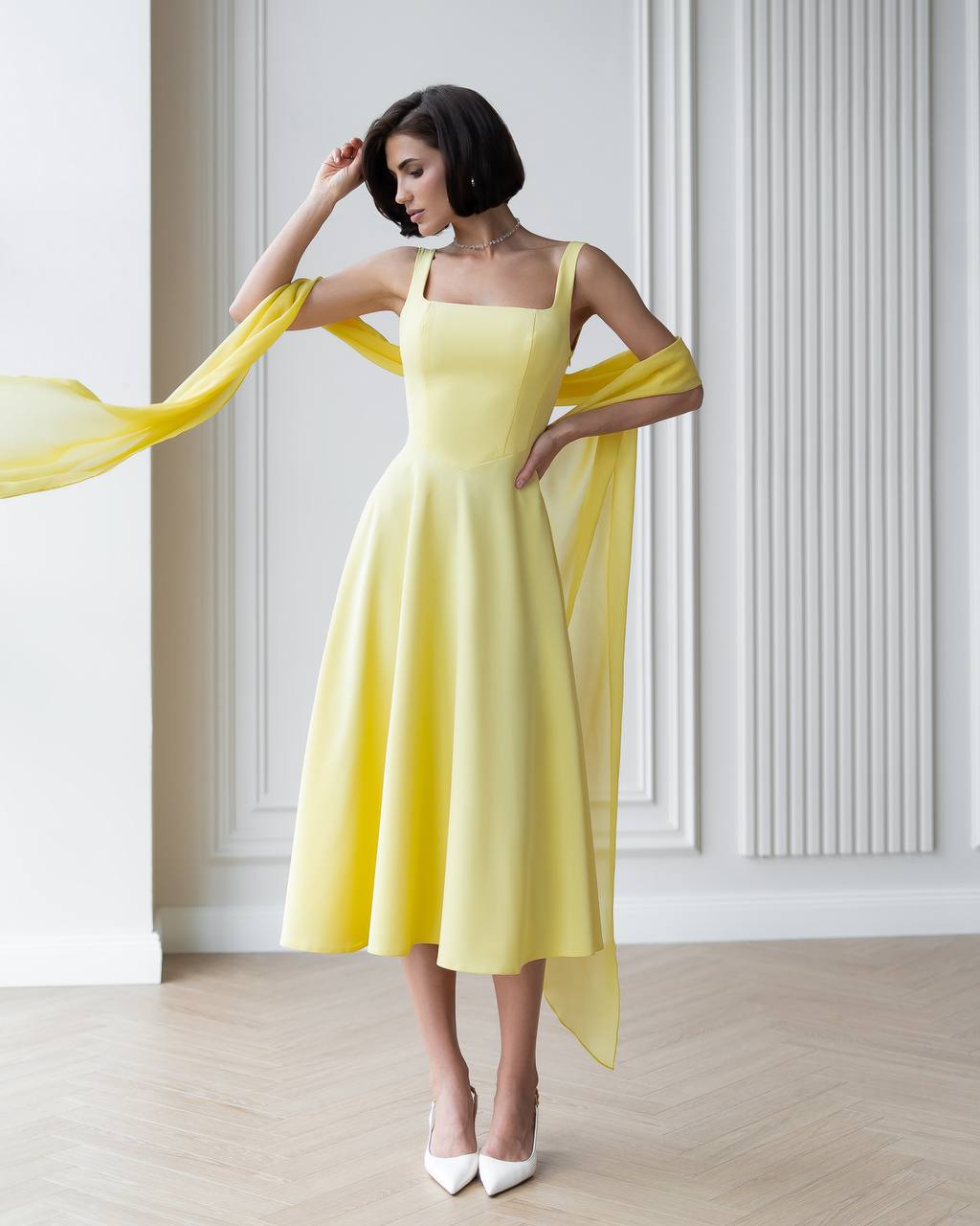 Elegant A-Line Dress in Premium Suit Crepe-Diagonal Fabric