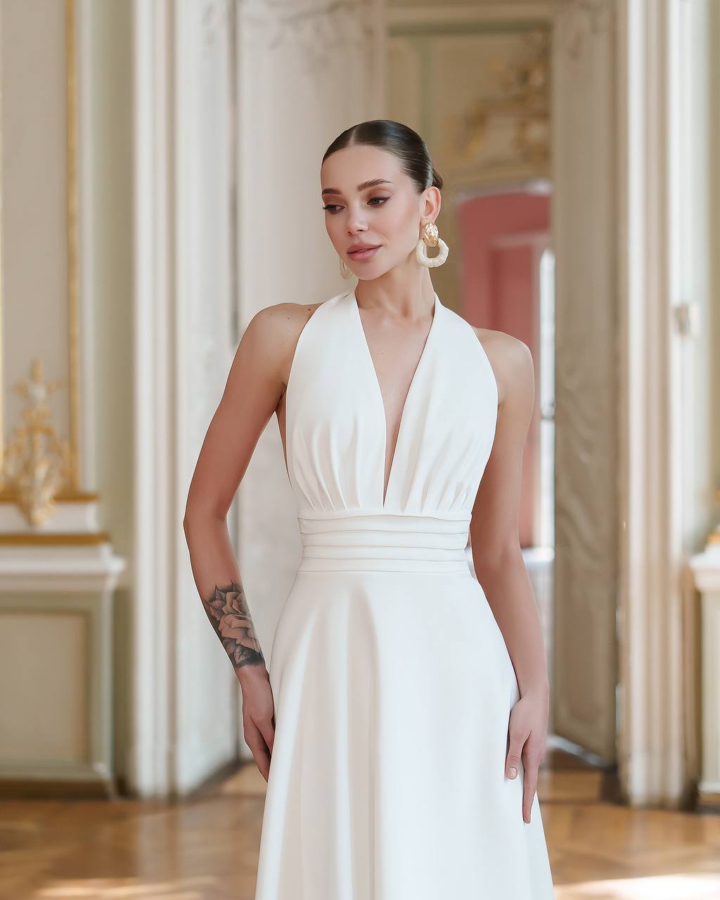 Elegant White Halter Neck Premium Crepe Dress for Women