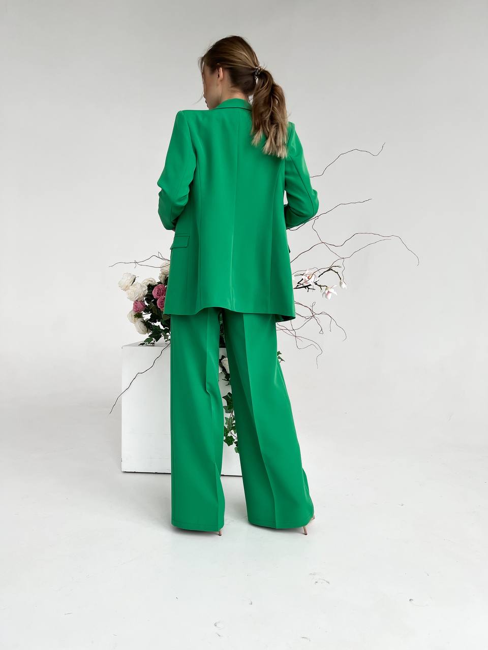 Grass Green Palazzo Suit Diagonal Crepe Womens Wide Leg Two Piece