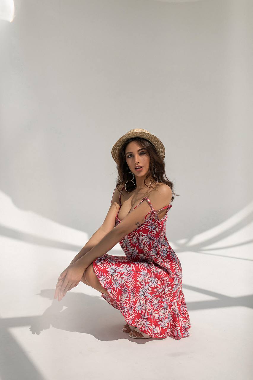 Printed Linen Sundress Women Summer Red Leaf Print