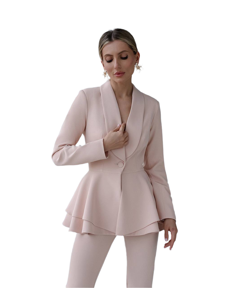 Woman wearing a light pink suit on a white background