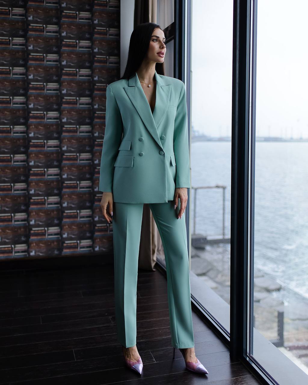 Luxury Diagonal Suiting Crepe Women's Suit in Blue