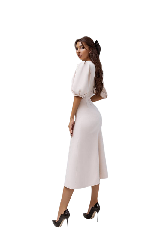 Woman wearing a white dress on a white background