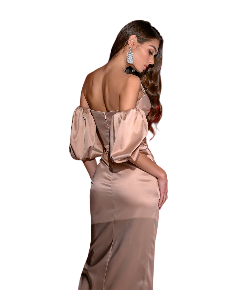 Elegant Royal Satin Midi Dress for Women with Puff Sleeves and Front Slit