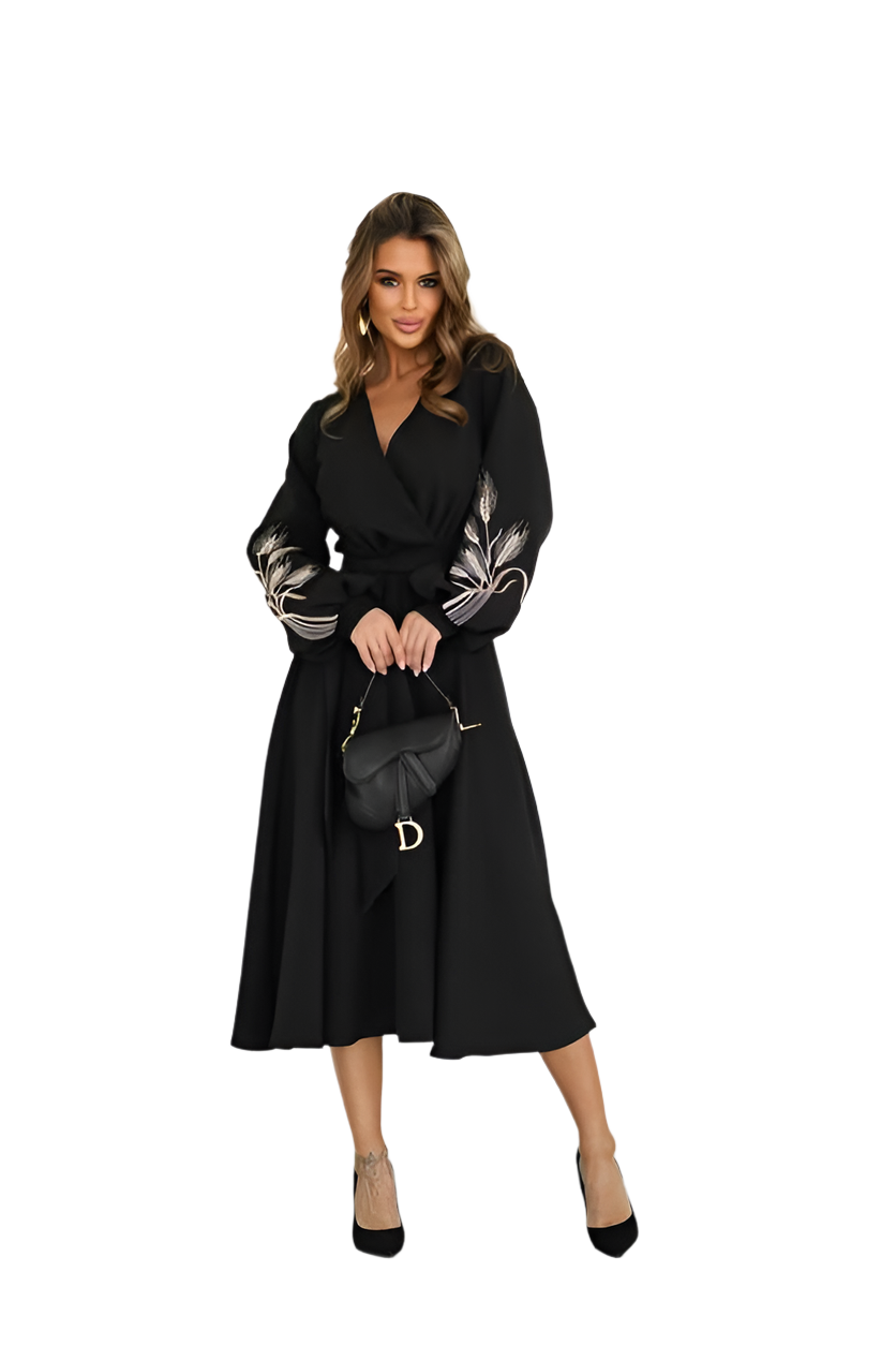 Elegant Black Midi Dress with Embroidered Sleeves for Special Occasions