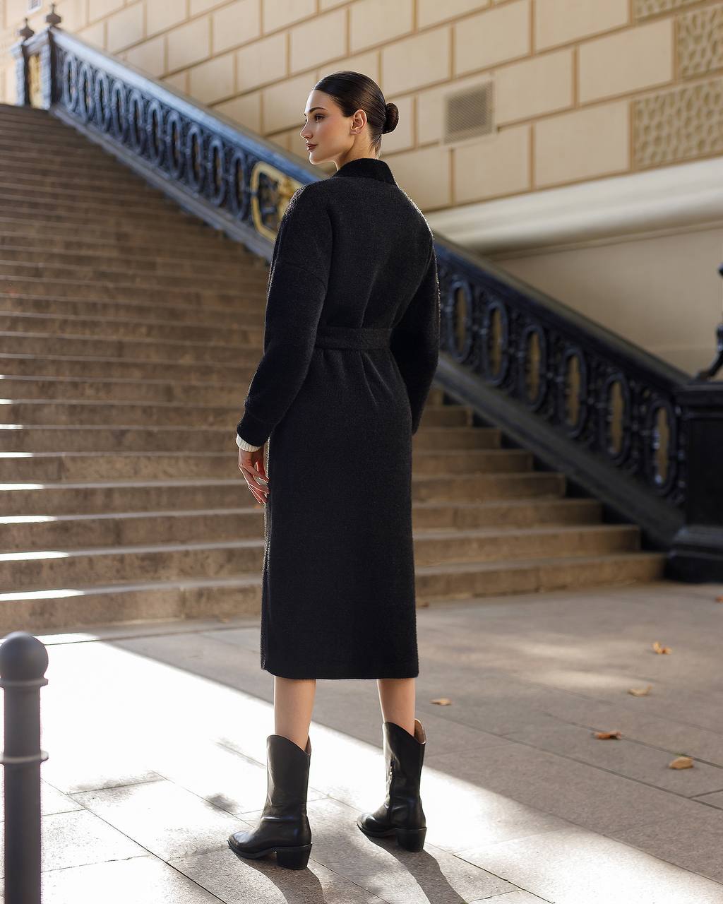Silva Fluffy Black Long Cardigan with Belt for Women
