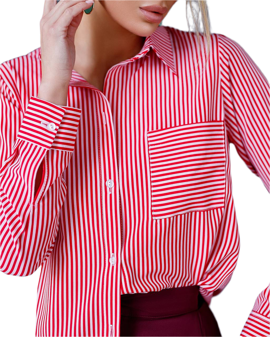 Red and white striped shirt worn by a person on a white background
