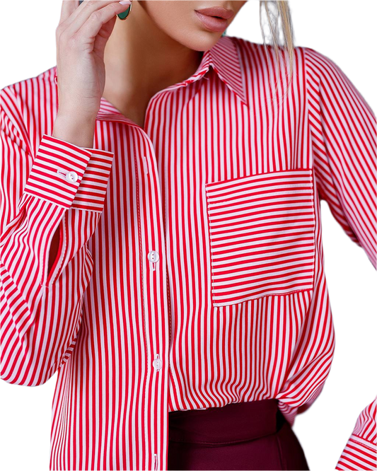 Red and white striped shirt worn by a person on a white background