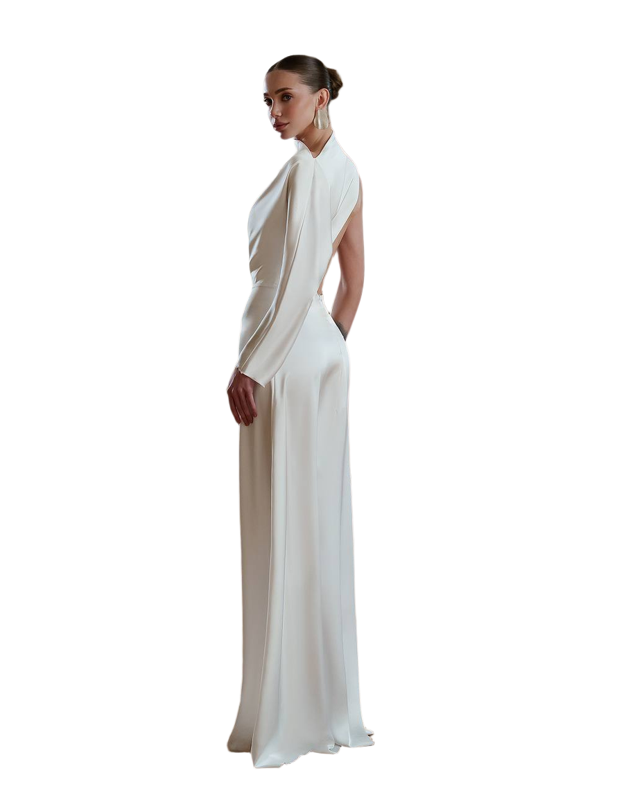 Woman wearing a white one-shoulder gown on a white background