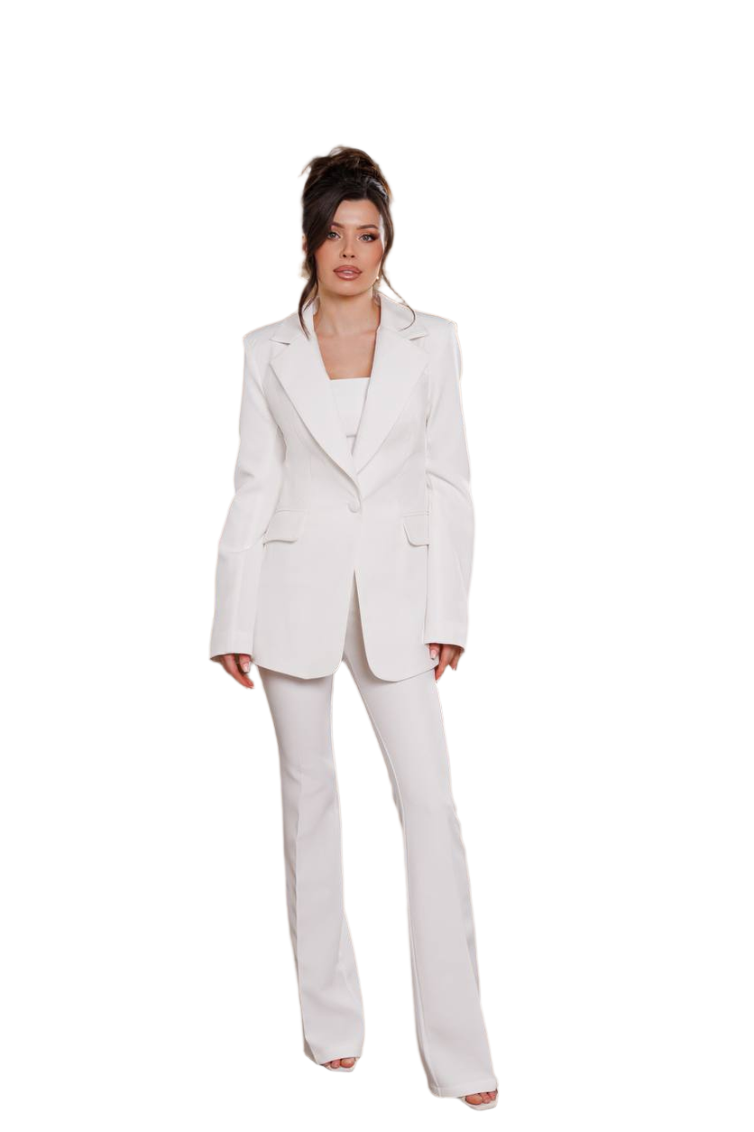 Elegant White Diagonal Crepe Women Suit Blazer and Pants Set