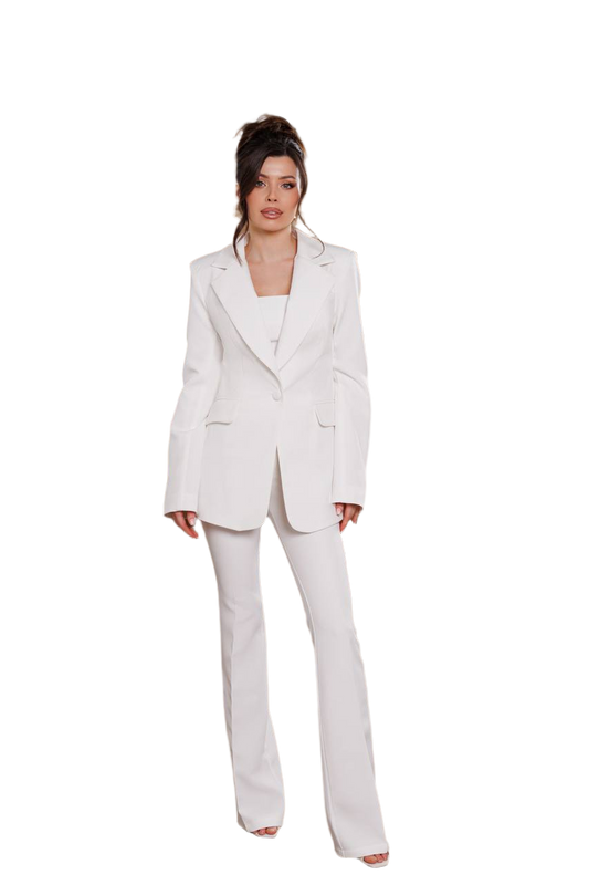 Elegant White Diagonal Crepe Women Suit Blazer and Pants Set