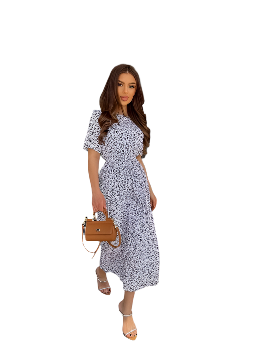 Light Midi Dress with Short Sleeves and Floral Print