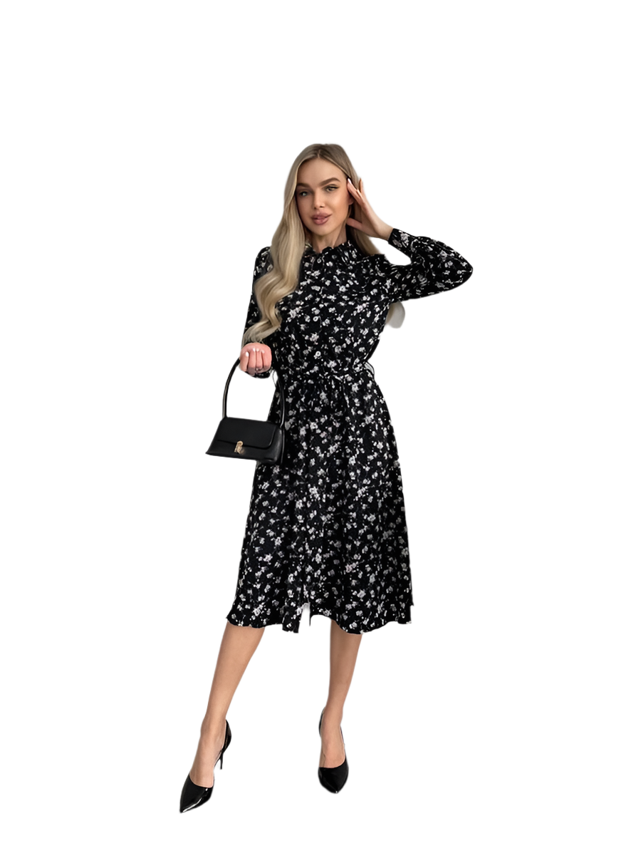 Spring Floral Print Midi Dress in Black with Long Sleeves