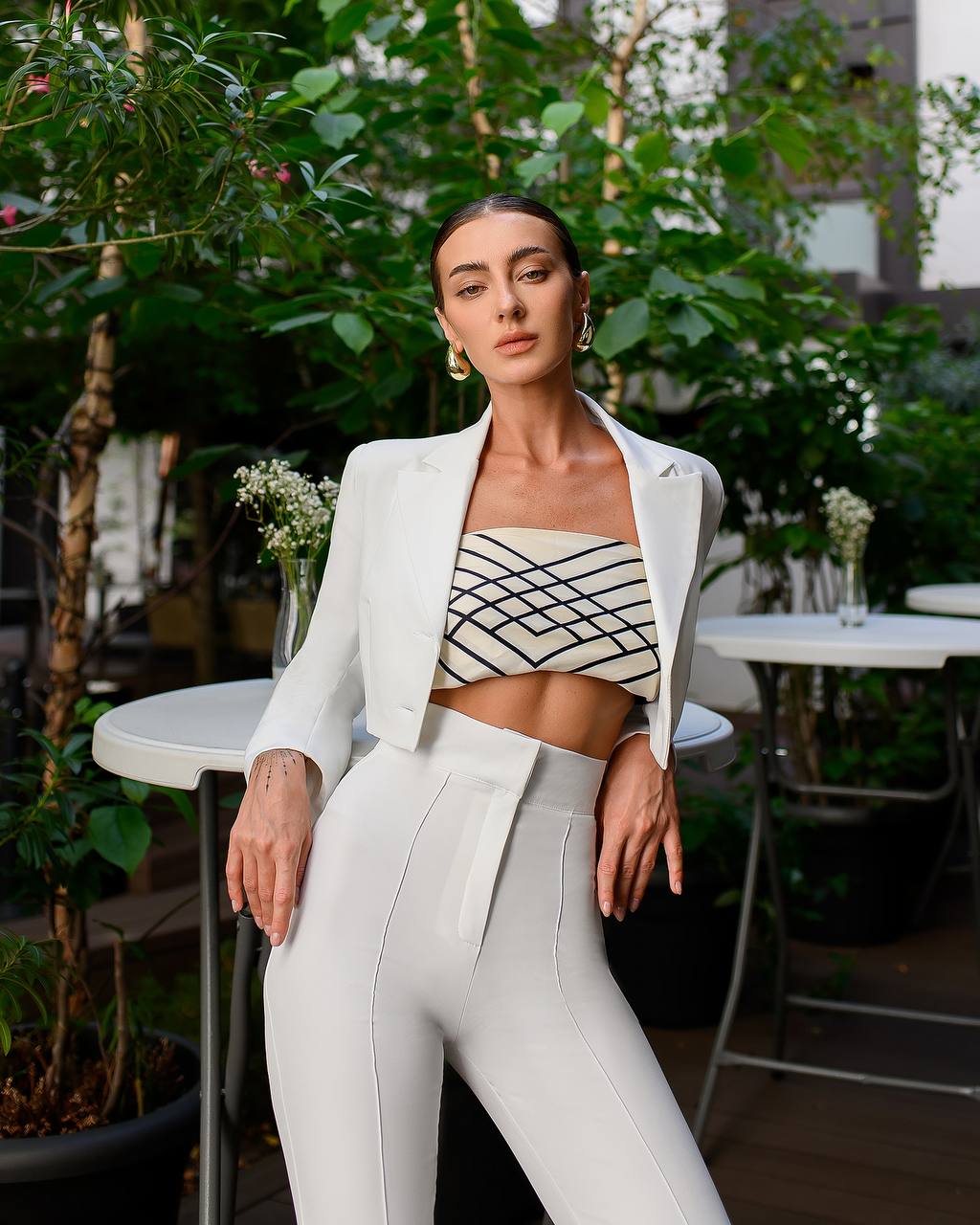 Premium Diagonal Crepe Women's Suit Blazer with Lining and Trousers in White