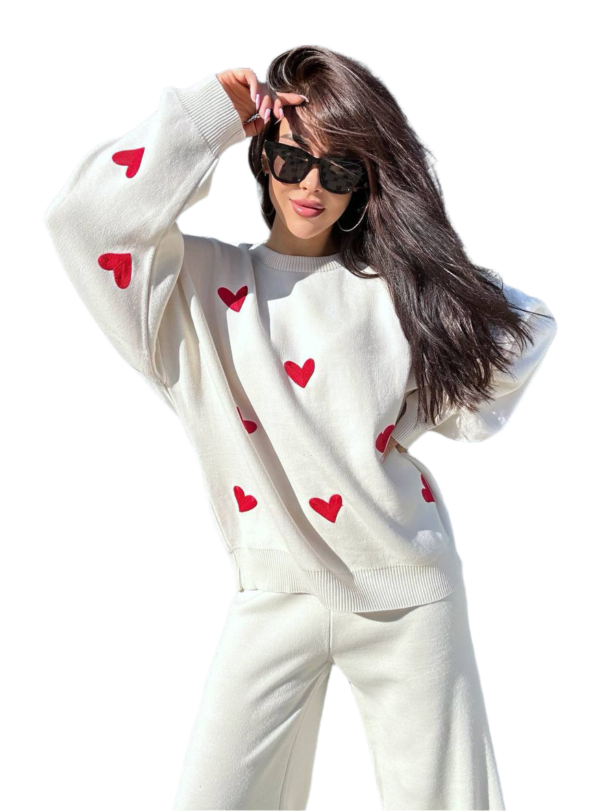 Valeri Women Sweater and Pants Set with Red Embroidered Hearts