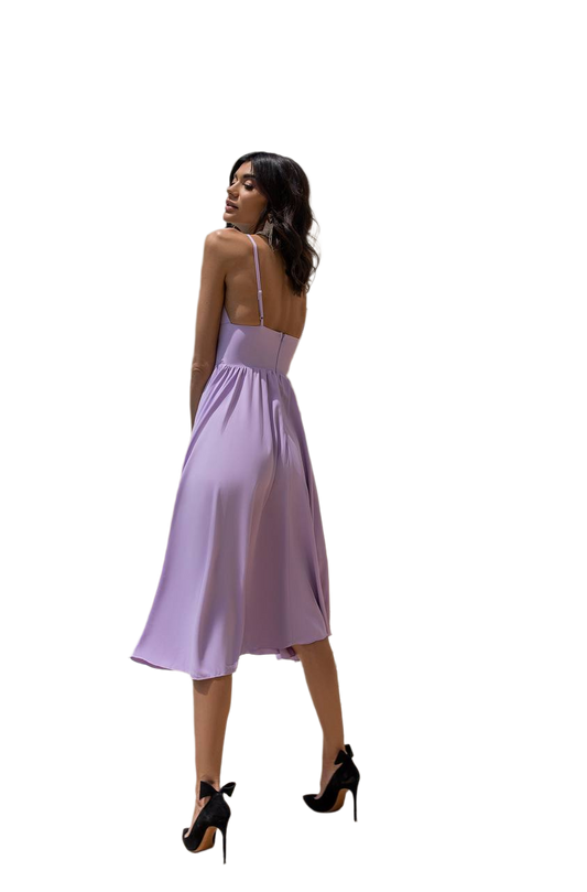 Woman wearing a purple dress on a white background