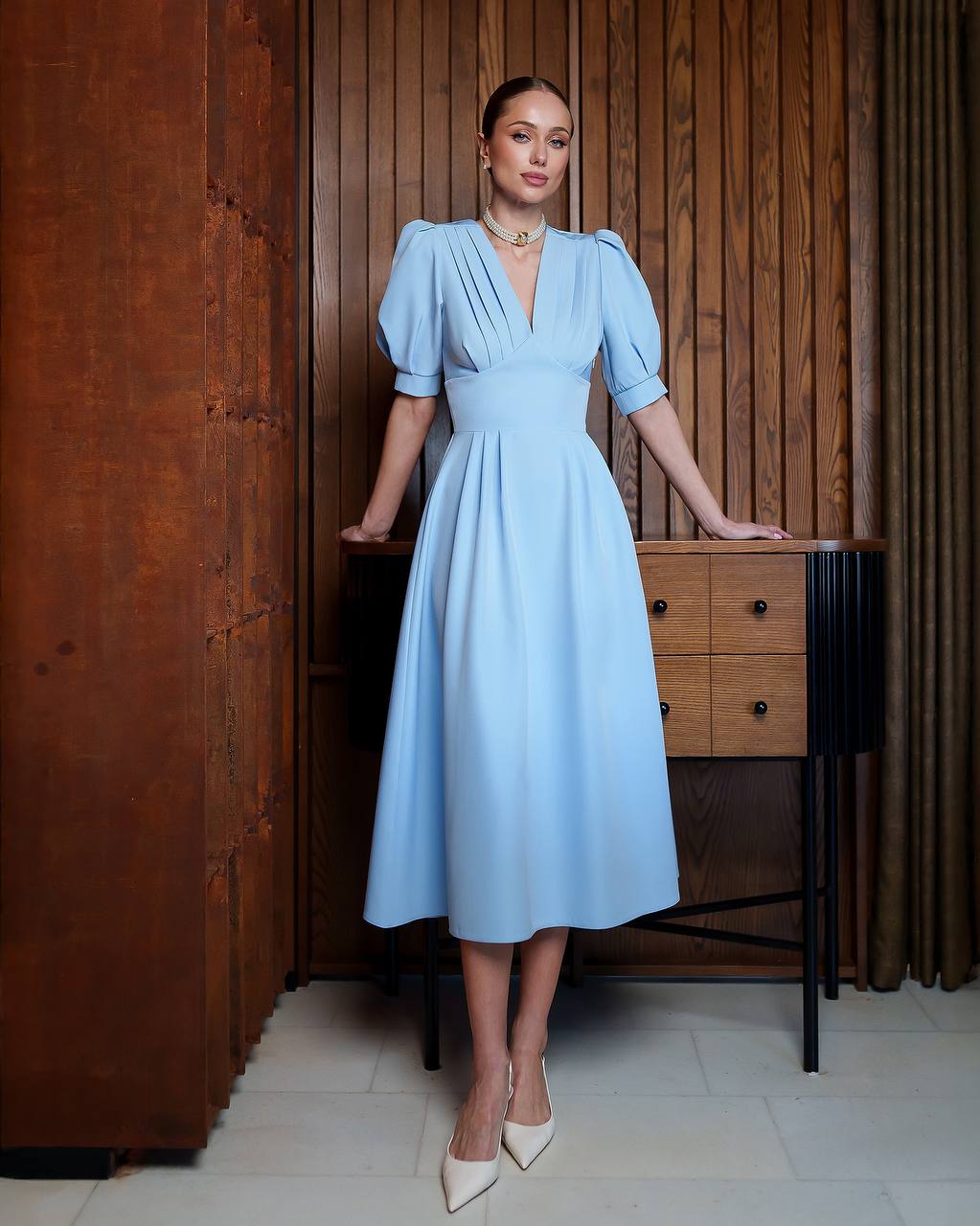 Elegant Women's Light Blue Midi Dress in Premium Crepe Diagonal Fabric