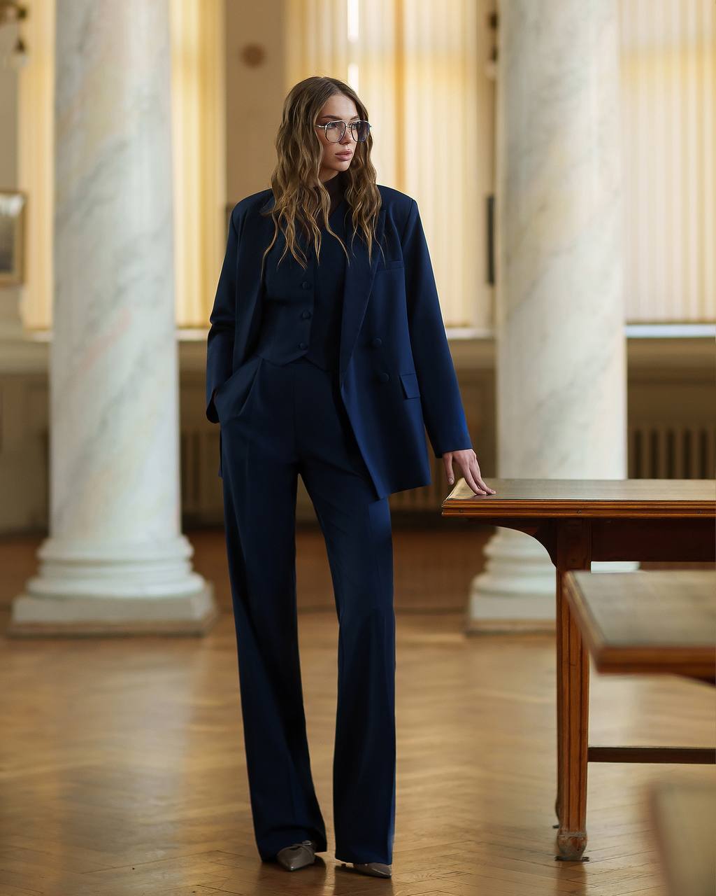 Womens Premium Navy Blue Three Piece Suit Blazer Vest Trousers