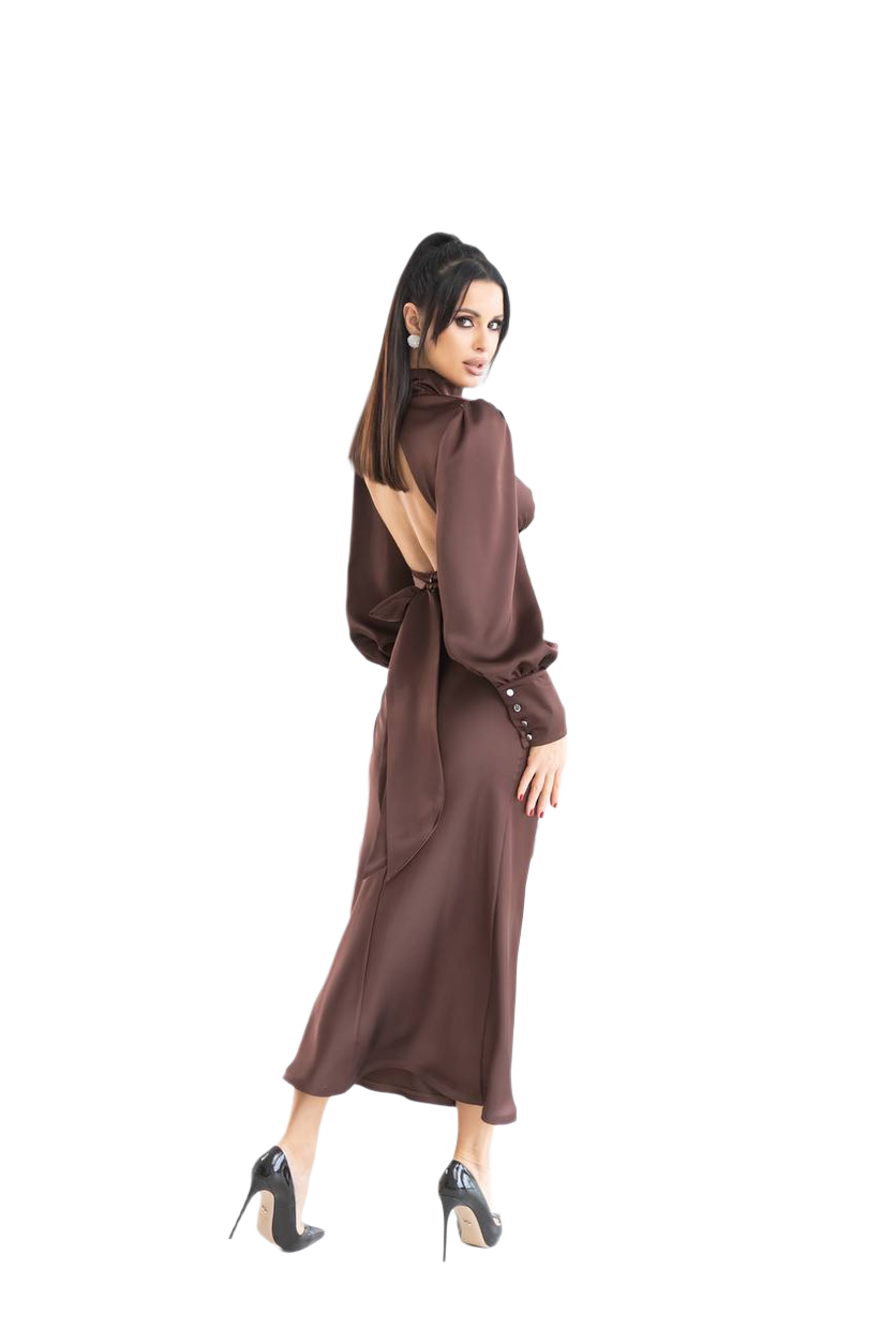 Elegant Backless Satin Dress for Women in Chocolate Color