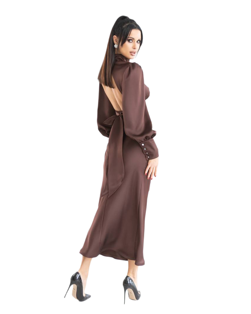 Elegant Backless Satin Dress for Women in Chocolate Color