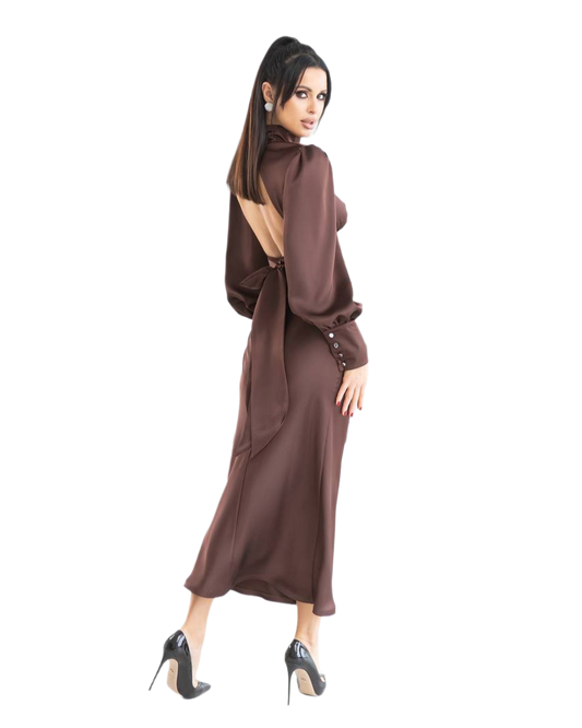 Elegant Backless Satin Dress for Women in Chocolate Color