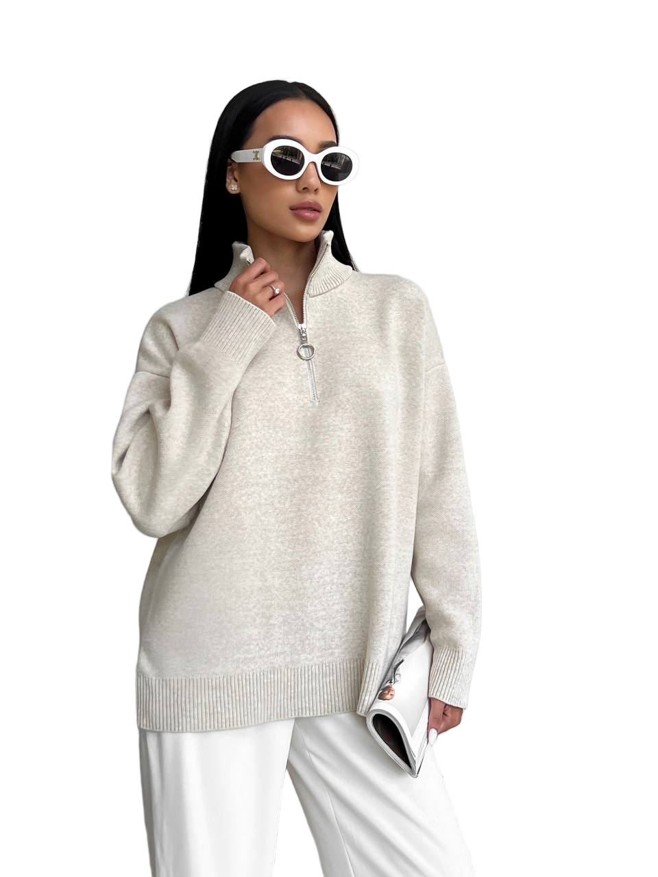 Cream Jacquard Knit Zip Sweater Women Wool Blend Oversized Half Zip Pullover