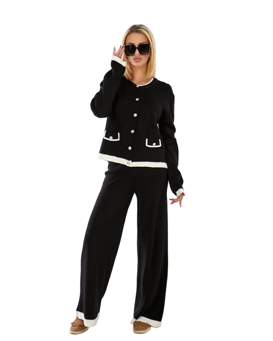 Oversized Black Knit Loungewear Set Cardigan and Wide Leg Pants