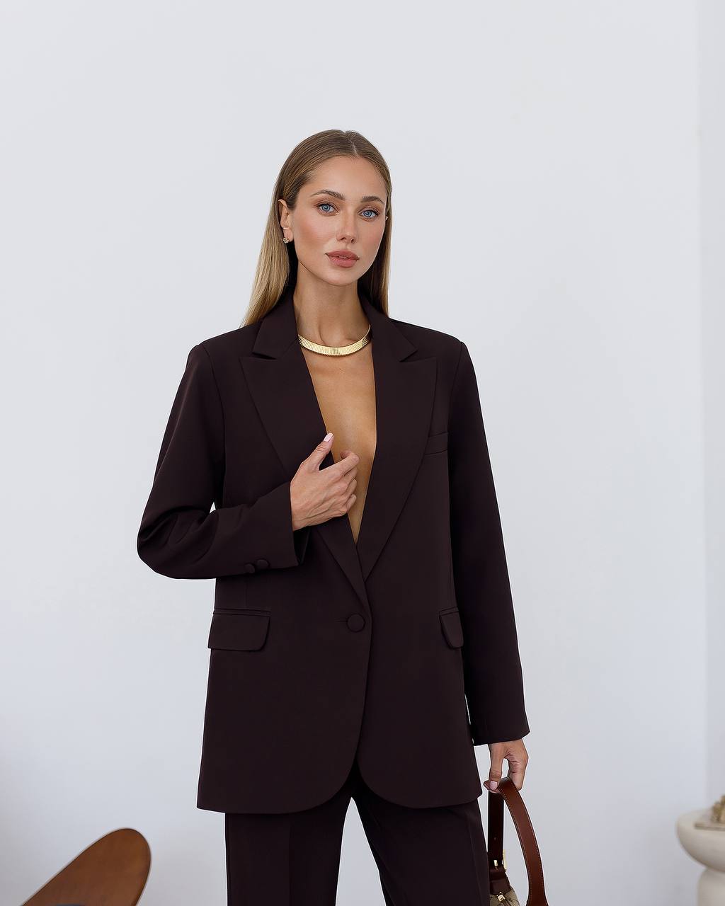 Womens Double Suit Premium Diagonal Crepe Black Chocolate