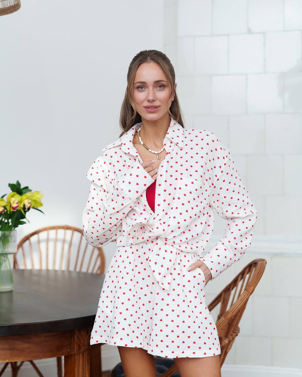 Womens Muslin Shirt And Shorts Set with Heart Print
