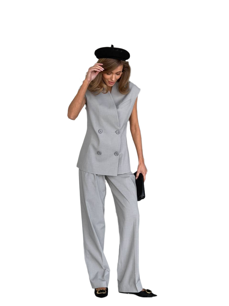 Womens Grey Viscose Suit Set High Waist Pants and Sleeveless Double Breasted Vest