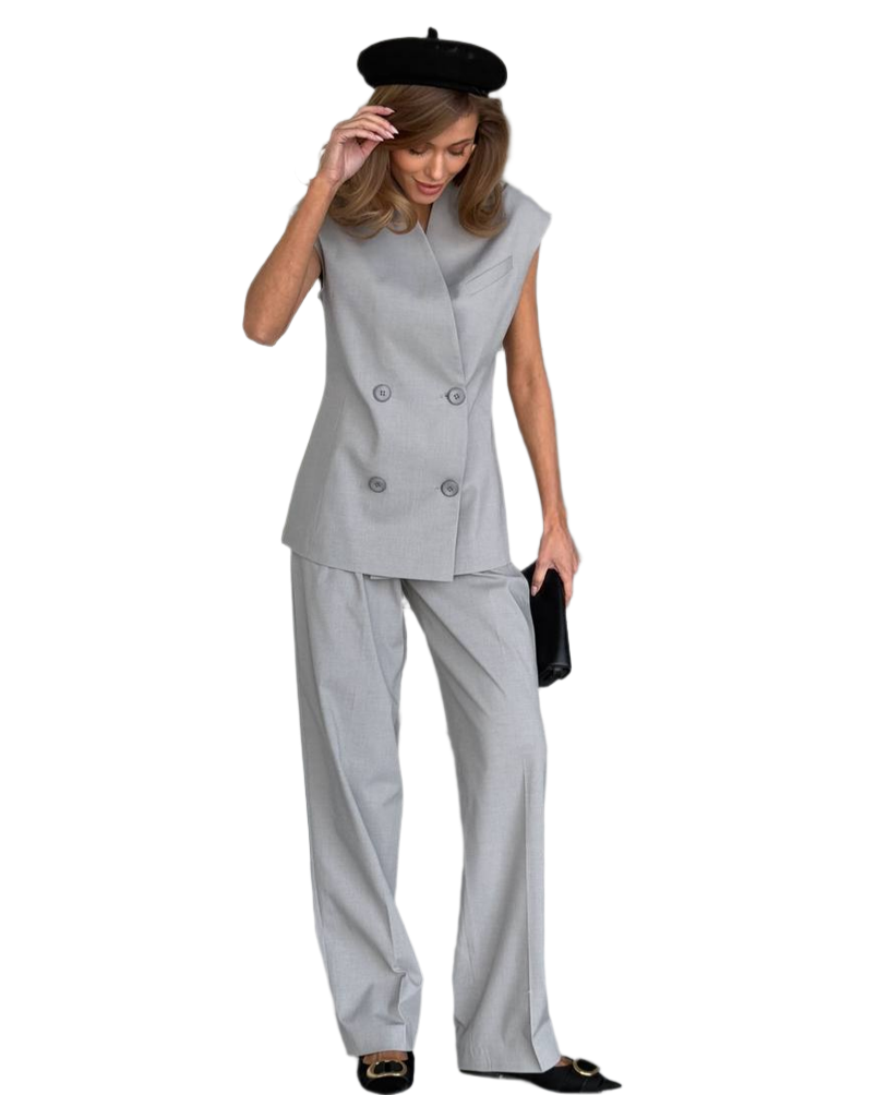 Womens Grey Viscose Suit Set High Waist Pants and Sleeveless Double Breasted Vest