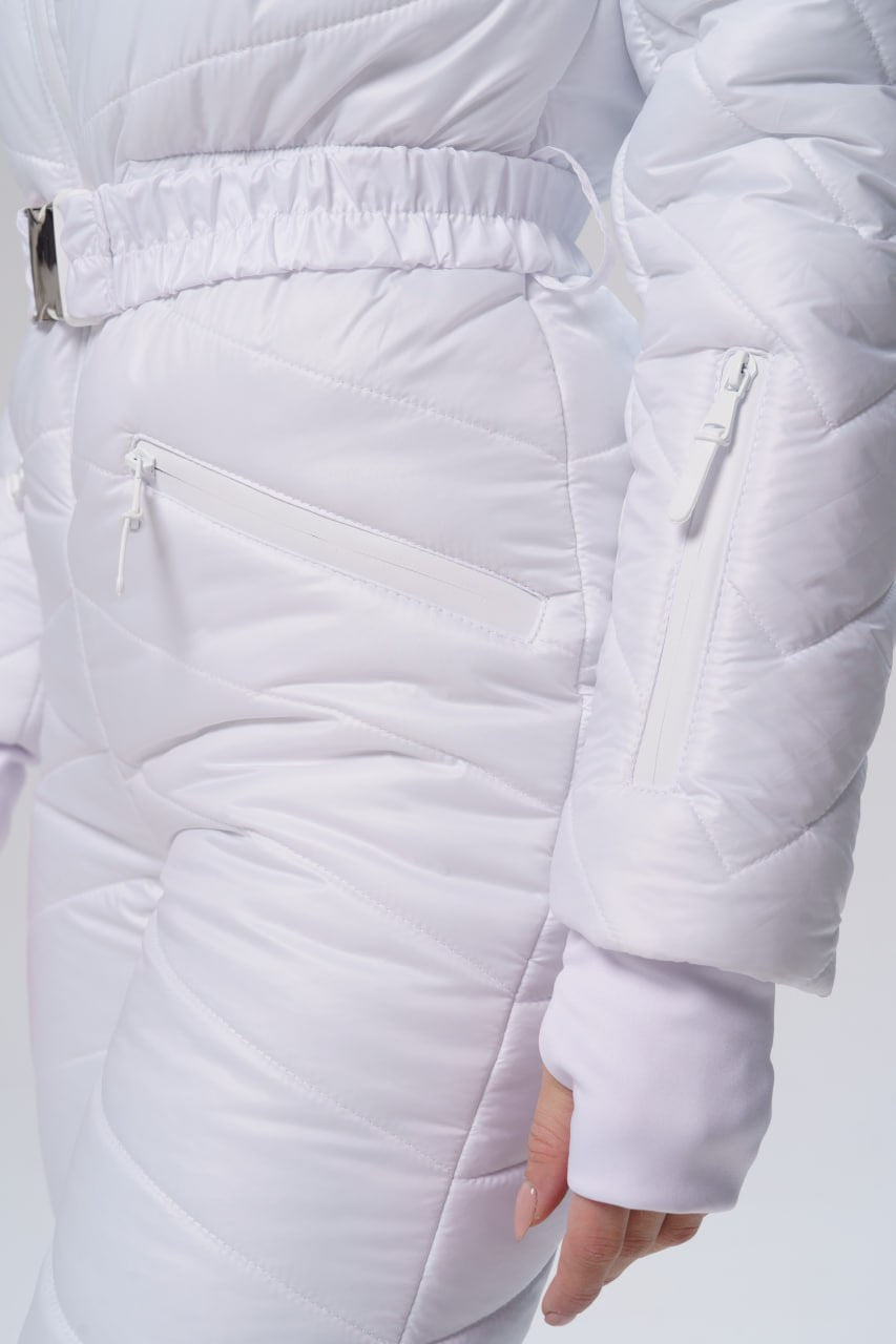 Close-up of a white puffer jacket with zippers on a light gray background