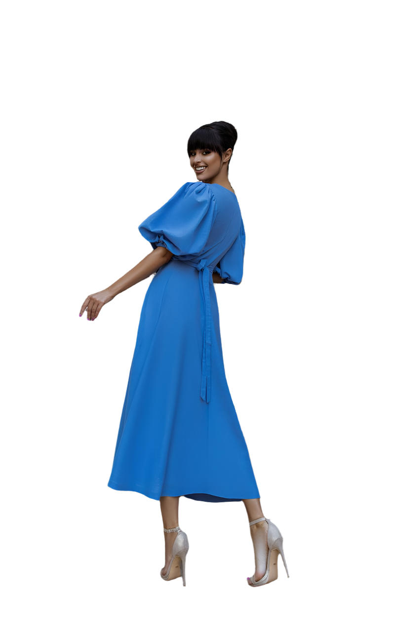 Woman wearing a blue dress on a white background