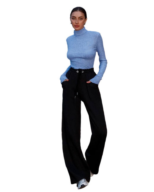 Women Black Cotton Knit Casual Wide Leg Pants