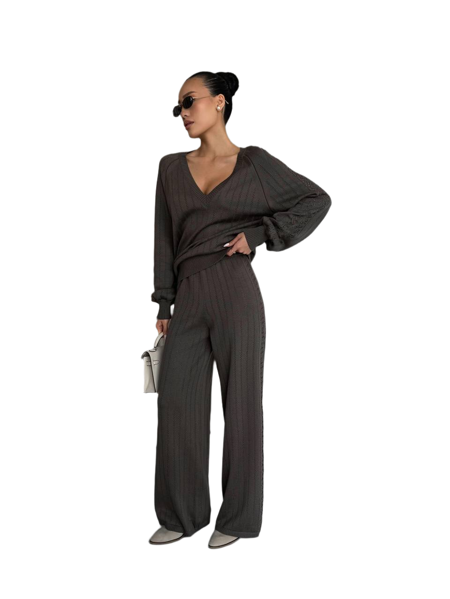 Spring Women's Brown Knit Suit with Dropped Sleeve and Wide Leg Trousers