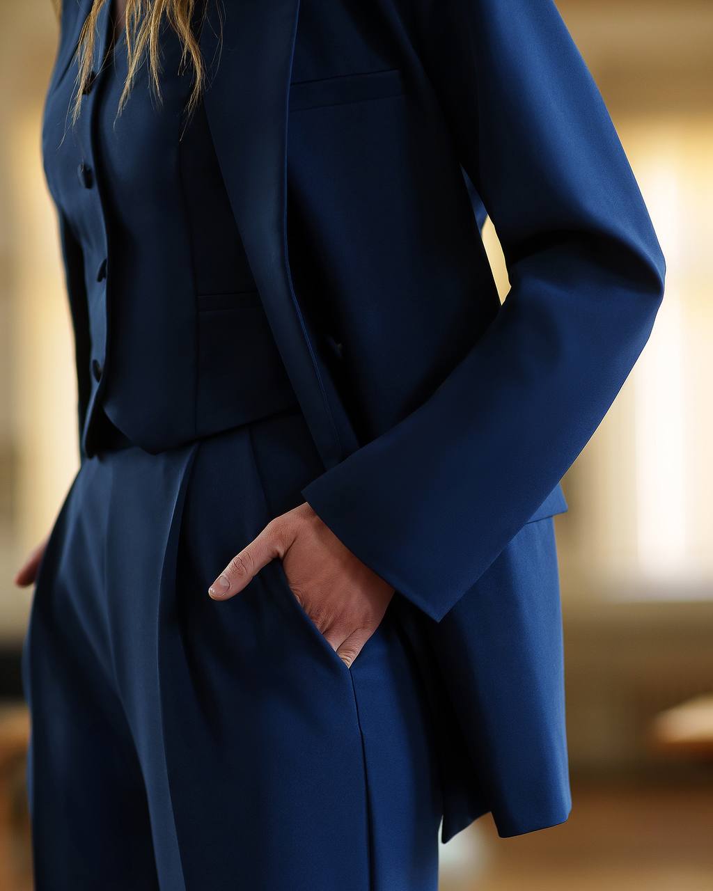 Womens Premium Navy Blue Three Piece Suit Blazer Vest Trousers