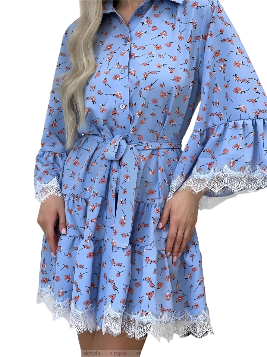Stylish Blue Floral Print Dress with Lace Trim