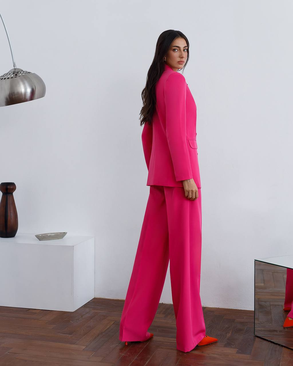 Prom Bridal Wedding Cocktail Graduation Pink Three-Piece Women Suit Jacket Top Trousers Pantsuit Palazzo Pants