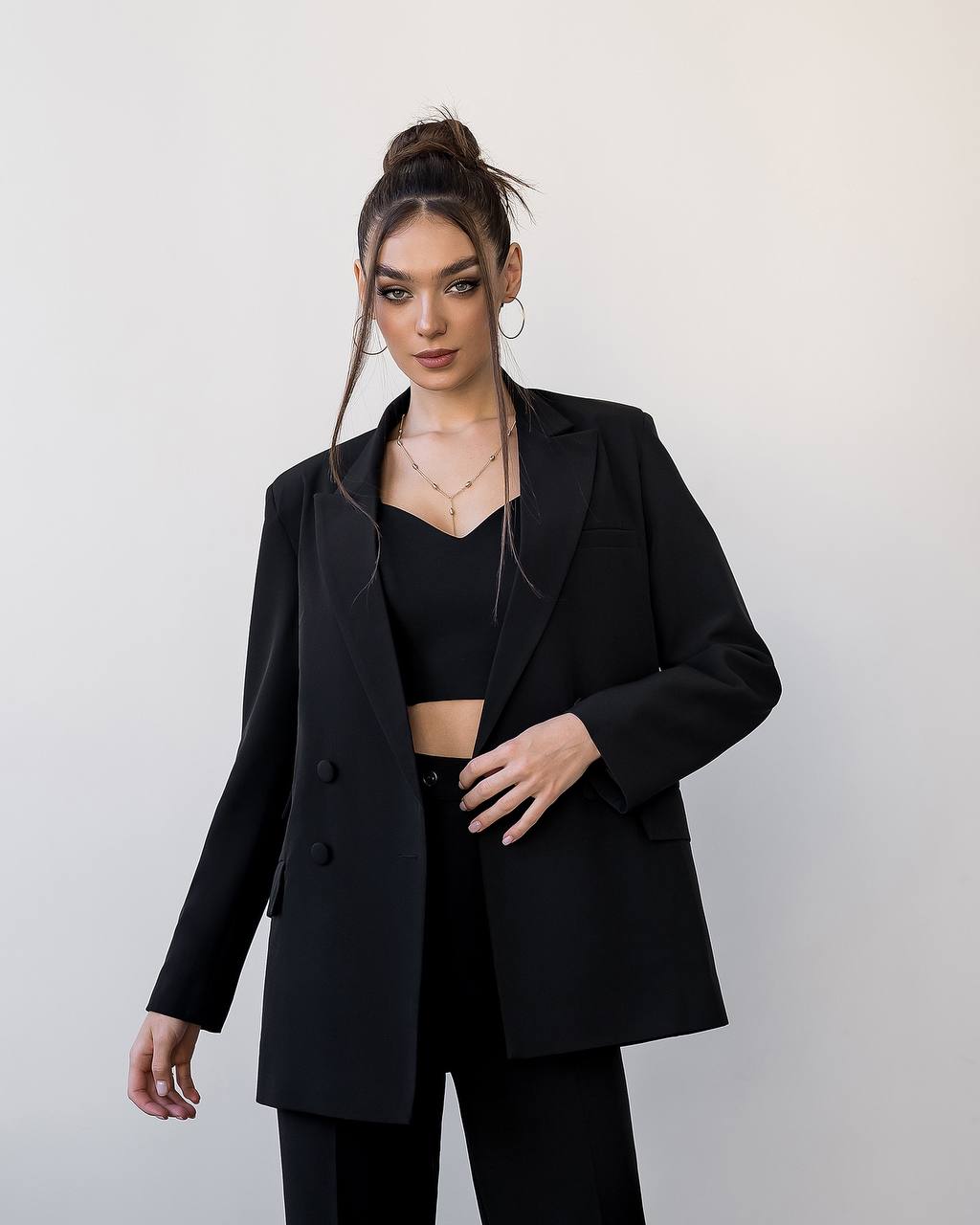 Women Elegant Double-Breasted Suit in Dense Luxury Diagonal Crepe
