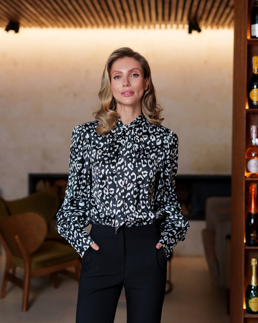 Womens Satin Printed Blouse with Tie Neck in Black White Leo