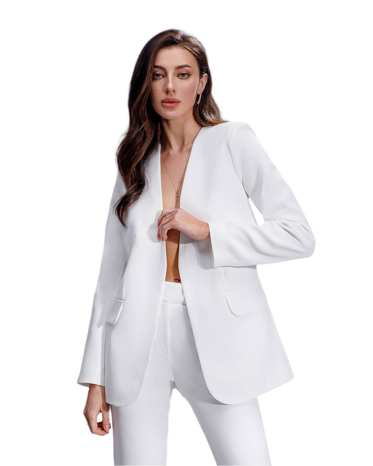Woman wearing a white suit on a white background