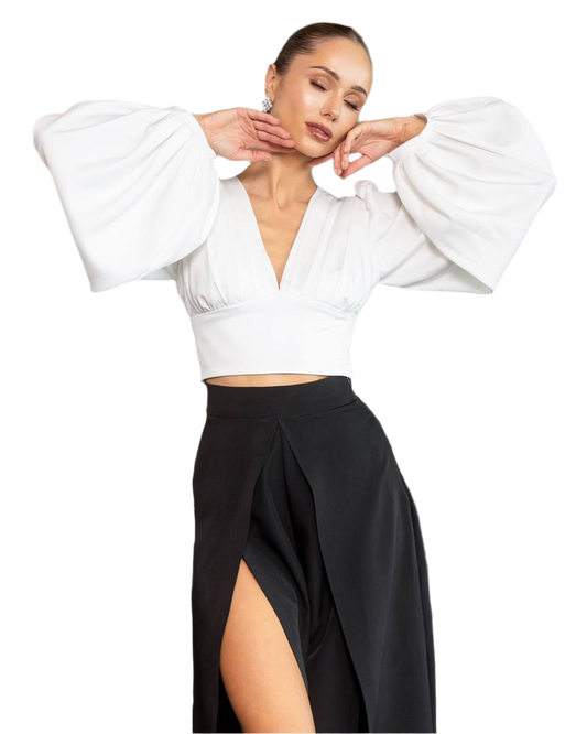 Elegant Women's Diagonal Crepe Top Blouse with Balloon Sleeves