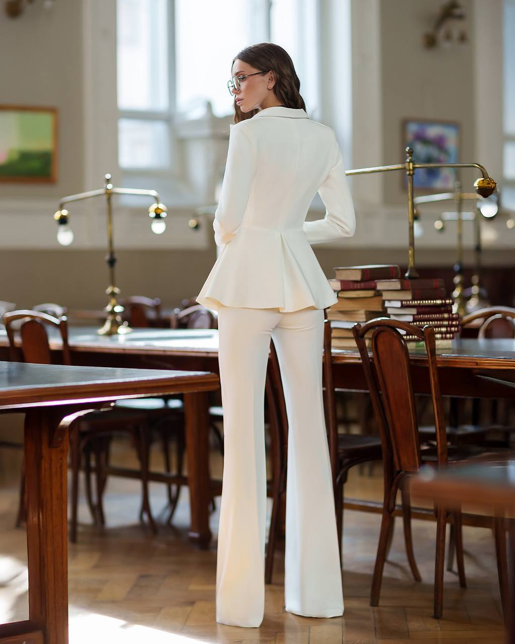 Elegant Premium Diagonal Crepe Women's Suit in White with Peplum Jacket and Flared Pants