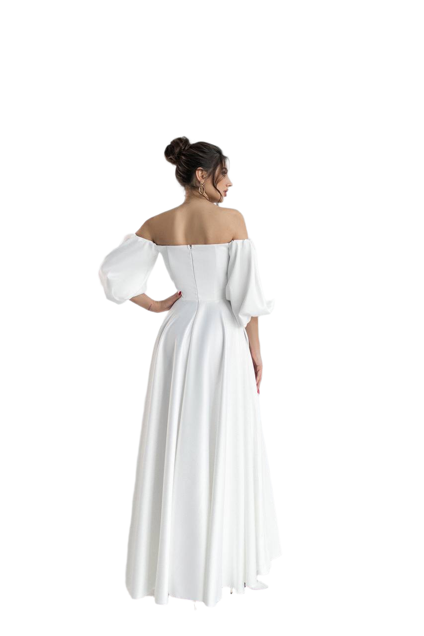 Woman wearing a white off-shoulder dress on a white background